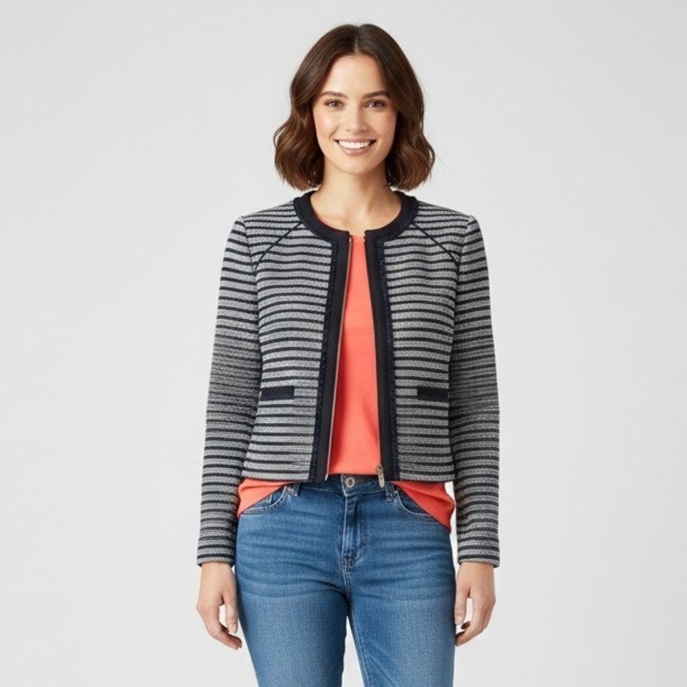 J.Crew Factory Striped Tweed Cropped‎ Blazer Sz 12 Zip Jacket Navy Career Preppy